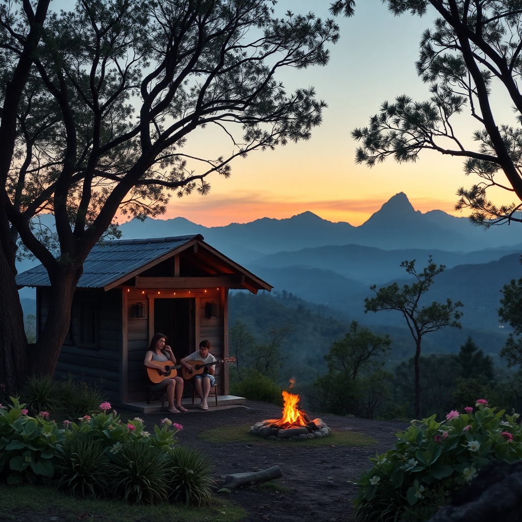 AI generated image by FLUX.1-schnell: Uma paisagem serena em um ambiente brasileiro, com uma vegetação típica de montanhas ou serras, como araucárias, e um clima frio ao entardecer. Uma pequena cabana aconchegante está cercada por árvores e flores nativas, com uma pessoa de costas tocando violão ao lado de uma fogueira, criando um ambiente acolhedor. Ao fundo, montanhas suavemente iluminadas pela luz dourada do pôr do sol. A cena transmite amor e espiritualidade. Uma imagem que reflete tranquilidade, conexão com a natureza e fé.