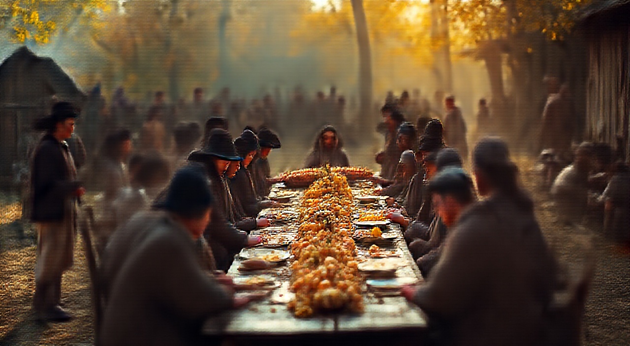 AI generated image by FLUX.1-pro: "A historically authentic cinematic photograph of the first Thanksgiving in Massachusetts, ca. 1621; Pilgrims in plain, dark attire with wide-brimmed hats and bonnets sit at a rustic wooden table outdoors, sharing a humble feast of corn, squash, wild fowl, and fish with Wampanoag tribespeople, who wear traditional deerskin clothing, moccasins, and beaded accessories; a backdrop of autumn foliage and a simple Pilgrim settlement, with wooden cabins and a thatched roof meetinghouse; the scene bathed in soft, golden light of the setting sun, evoking a peaceful yet solemn tone; attention to historical detail in clothing, tableware, and setting. [tags start here] cinematic, historical photography, realistic, vibrant."