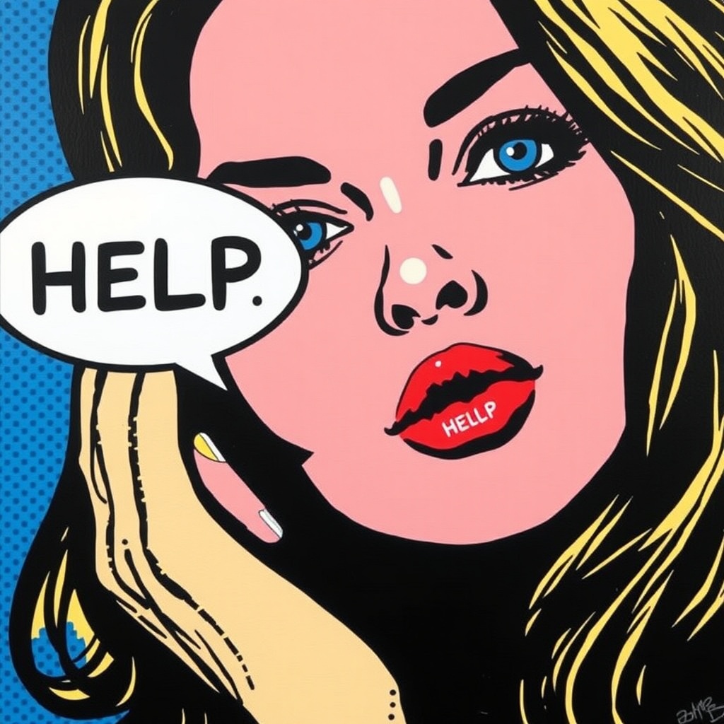 AI generated image by FLUX.1-schnell: Dot Painting of a woman with blue eyes with a voice bubble saying "HELP" in the style of Roy Lichtenstein