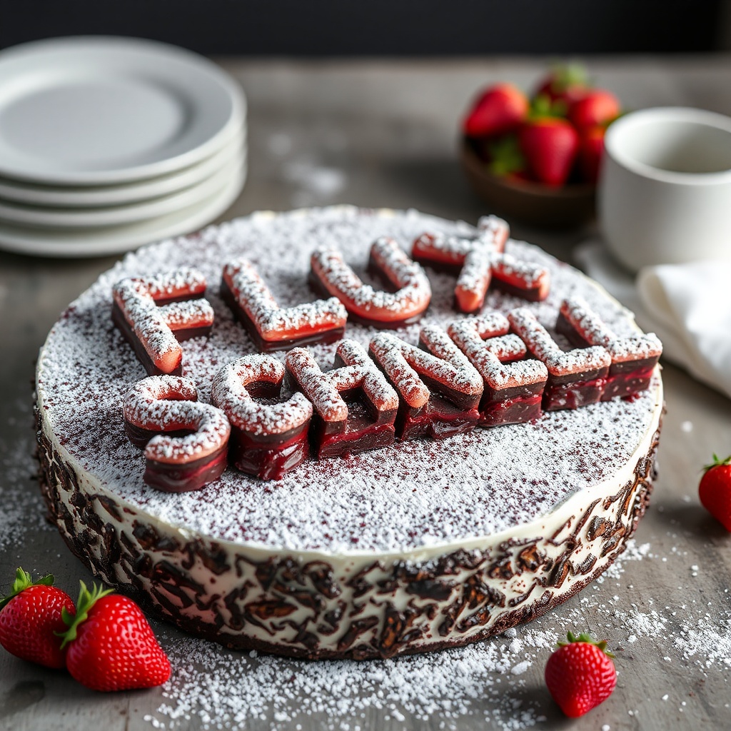 AI generated image by FLUX.1-schnell: black forest gateau cake spelling out the words "FLUX SCHNELL", tasty, food photography, dynamic shot