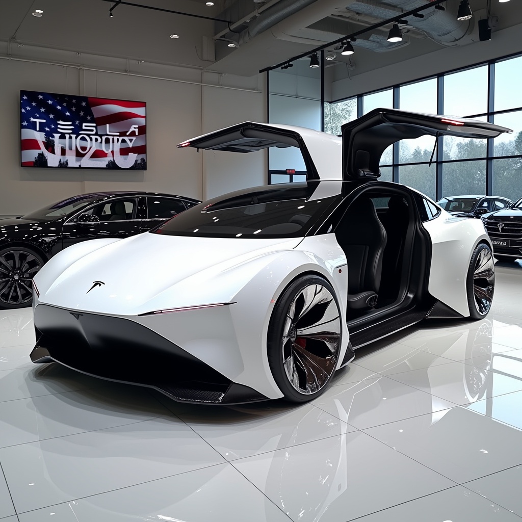 AI generated image by FLUX.1-pro: FRONT look bat-wing doors opened upward half profile FRONT look bat-wing doors opened upward bat-wing doors opened upward half profile FRONT look A LARGE Very long, like the size of a bus. hyperrealistic 2050 SHINE MIRROR WHITE color bat-wing doors opened upward SUV CAR Tesla Model Y Long Range AWD by very Big truck wheels Hollow rims that have a star shape made of shiny silver steel in pearl shine MIRROR white Large "Tesla Model Y Long Range AWD" logo in FRONT, Large "Tesla Model Y Long Range AWD" text logo in big tv on wall, USA Flagpole in around car, extremely low to the ground with an aggressive stance. The car features dramatic bat-wing doors opened upward. Hollow rims that have a star shape made of shiny silver steel Massive 3-spoke polished silver wheels with ultra-thin sport tires. Wide, aggressive FRONT bumper and aerodynamic body kit. The car is displayed on a Autoshow by big windows, Large shine white glass mirror floor tiles, surrounded by other exotic cars. The scene is f…

