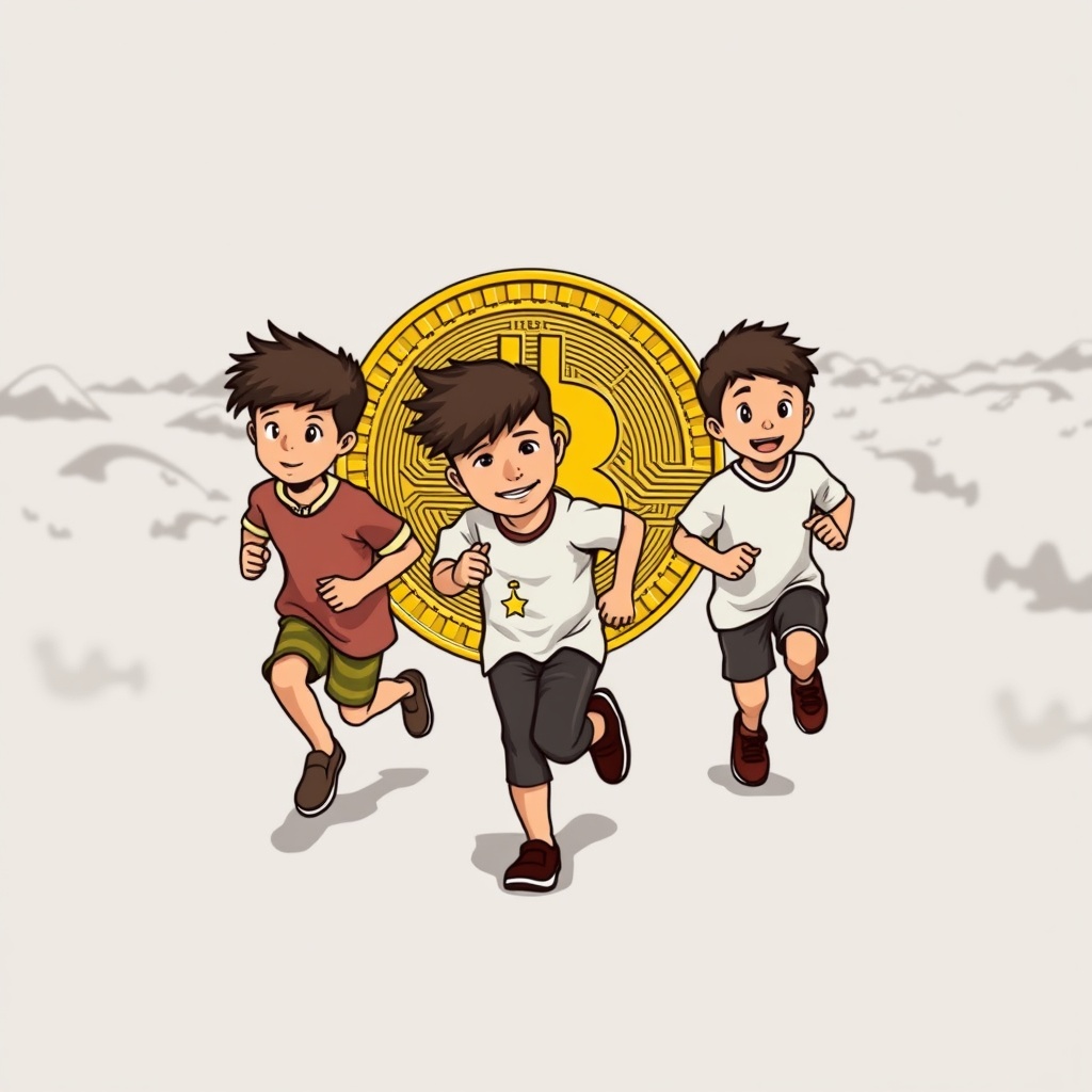 AI generated image by FLUX.1-schnell: un grupo de niños corriendo detrás de un bitcoin