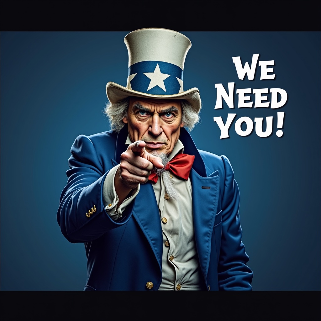 AI generated image by FLUX.1: Uncle sam dressed in blue, like a cinematigrapher, pointing at the viewer with the text "We need you!"