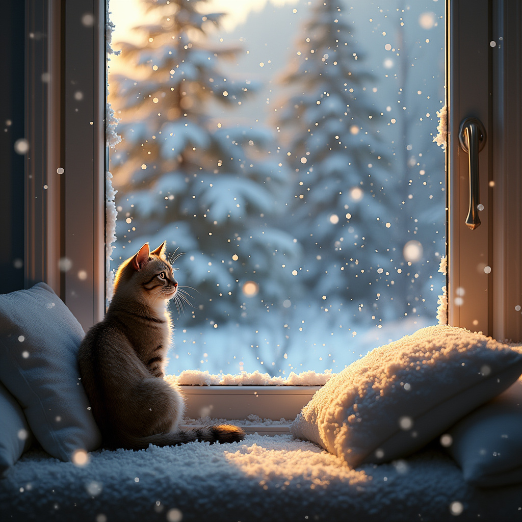 AI generated image by FLUX.1-pro: A cozy indoor scene showing a cat sitting by a large window, watching snow fall gently outside. The cat is perched on a windowsill with soft cushions around, its fur detailed and slightly fluffed as it gazes outside. Through the window, snowflakes are visible, accumulating on trees and creating a winter wonderland. The lighting is warm and soft from inside, casting a gentle glow on the cat, while the cool, snowy scenery outside contrasts beautifully with the warmth inside. Photorealistic style, high detail, focused on the cat’s expression and the texture of the falling snow.