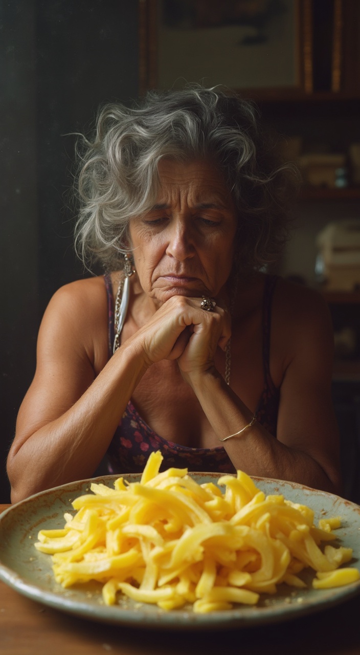 AI generated image by FLUX-Realism-Lora: señora con cara triste y frustrada frente a un plato lleno de papilla.