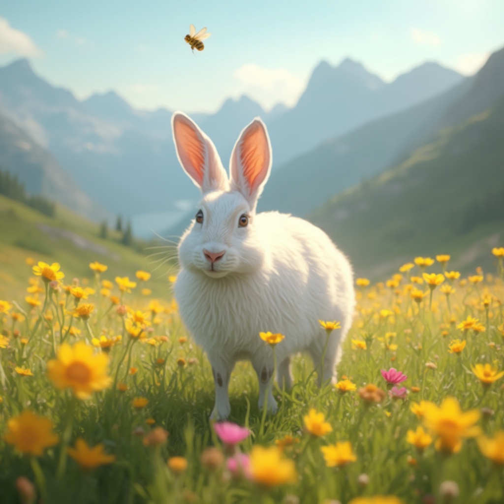 AI generated image by FLUX-Realism-Lora: Süßer Weißer Hase in einem Gelb, Pink grünen Blumenfeld vor Alpenpanorama an einem sonnigen Tag an dem schon Bienen fliegen