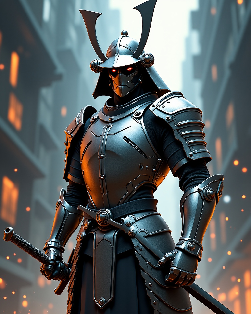 AI generated image by FLUX.1: adigital painting anime illustration,in the  style of Yoji Shinkawa, a modern samurai stands tall, his metallic armor gleaming in the faint light. The details of his finely crafted sword glint in the reflection of his steely gaze. This striking image, resembling a sophisticated painting, captures the essence of strength and honor. The intricate design of the samurai's armor and the intensity in his eyes create a powerful and captivating scene, showcasing the artist's exceptional talent for conveying emotion through exquisite detail.
