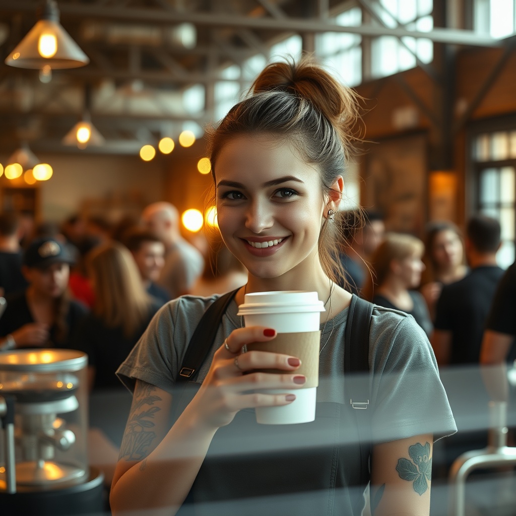 AI generated image by FLUX.1-schnell: Beautiful woman working as a barista at a crowded coffee urban coffee shop, she's smiling, punk barista, she's serving you coffee in a to go cup with a lid, wearing a tshirt, tattoos, female employee, sunrise coming in through the windows, crowds of people, warehouse architecture, luminescent,  realistic skin, realistic photo, beautiful, gorgeous,  stunning, breathtaking, attractive, exquisite, alluring, mesmerizing, ravishing, splendid, magnificent, graceful, dazzling, striking, enchanting, radiant, resplendent, bewitching, glamorous, 
delightful, enthralling, fascinating, winsome, picture-perfect, captivating, irresistible, confident, Ultra high definition, picture, photograph, ultra realistic, Analog photography, high quality, Fujifilm, 105mm professional photography, dslr, high quality film, Fujifilm xt3, film still, highly detailed, 8K, cinematic lighting, hd, high resolution, intricate detail, digital painting, sharp focus, trending on artstation,  
