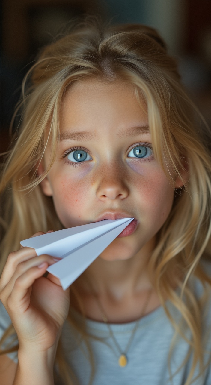 AI generated image by FLUX.1-pro: 20 year old blonde girl with blue eyes eating a paper airplane, high quality photo (taken with a Sony Alpha 7 III)