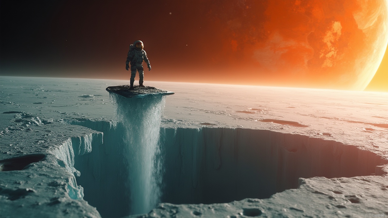 AI generated image by FLUX-Realism-Lora: A giant water plumb shooting out into space from a crack in the icy surface of Europa. In the background, the entire view of the sky is almost covered by Jupiter. The water plumb appears as a silhouette against the orange panorama of Jupiter. At the top of the water plumb, there is a small spaceship floating over the water. And on top the spaceship, an astronaut in a spacesuit with his arms extended outward, as if balancing himself on a surfboard.  
