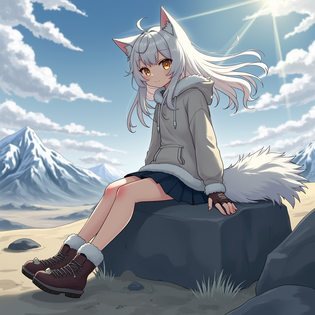 AI generated image by FLUX.1-pro: 1girl, solo, wolf girl, long white hair, wild untamed hair, bangs, wolf ears, fluffy ears, amber eyes, sharp pupils, wolf tail, thick tail, fur-trimmed hoodie, white fur, light grey hoodie, casual skirt, fingerless gloves, fur boots, paw-like design, (sitting on rock:1.4), (leaning forward:1.2), outdoors, Kekexili, wide open plateau, snow-capped mountains in the distance, rocky terrain, sparse vegetation, wind blowing hair, cloudy sky, bright sunlight breaking through clouds, from below, wide-angle view