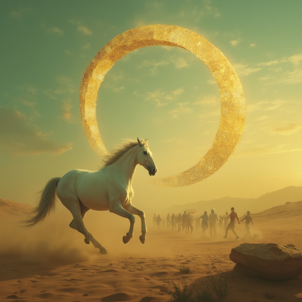 AI generated image by FLUX-Realism-Lora: A surrealistic scene about the last times, a desert is seen, a beautiful white horse without armor, only its coat, galloping towards us. In the sky, a golden ring is visible, like a chain watch in the shape of a dimensional portal, marking the hours. In the background of the desert, many people are running towards the horse, and in the sky there is a twilight. The tones of the image will be between gold, ochre, and green.