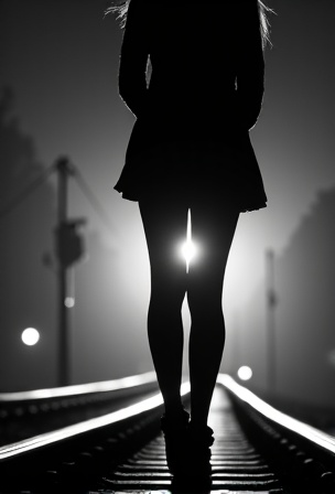 AI generated image by FLUX.1-image-to-image: A black-and-white central compositioned closeup photo at night. The silhouette of a woman's legs stands with her back to the camera on railroad tracks, facing the background. A spotlight from the background shines between her legs. dramatic backlit lighting