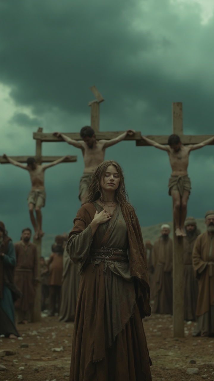 AI generated image by FLUX-Realism-Lora: A cinematic vertical video shot, set in a desolate, ancient landscape under a stormy sky, capturing the intense, emotional moment of a crucifixion scene. In the foreground, a woman stands solemnly with her hand over her heart, her expression a mix of sorrow and quiet strength. She is dressed in earthy-toned, flowing garments with a belt adorned with a simple, round ornament, exuding a sense of timeless spirituality and reverence. Behind her, two men are crucified on wooden crosses, their bodies emaciated and weathered, illuminated by harsh, moody light that contrasts against the ominous dark clouds above. The sky is dense and foreboding, with clouds swirling as if foreshadowing a climactic event, casting a greenish-gray hue that enhances the scene's melancholic atmosphere. A small crowd of onlookers in traditional robes, their faces etched with grief and contemplation, gather in the background, creating a sense of communal mourning.

Camera Movement: A slow, ultra-smooth, downward tilt starting from the top of the crosses, revealing the figures on the cross, then descending to focus on the woman below, capturing her emotional state in a close-up that emphasizes her sorrow. Shot with IMAX camera quality, capturing hyper-detailed photorealism, with each facial expression and fabric fold rendered in ultra-high-definition. The final shot lingers on her face, framed against the dark sky, showcasing award-winning cinematography that highlights depth and texture, emphasizing realism, emotional resonance, and a cinematic HD photorealistic finish.