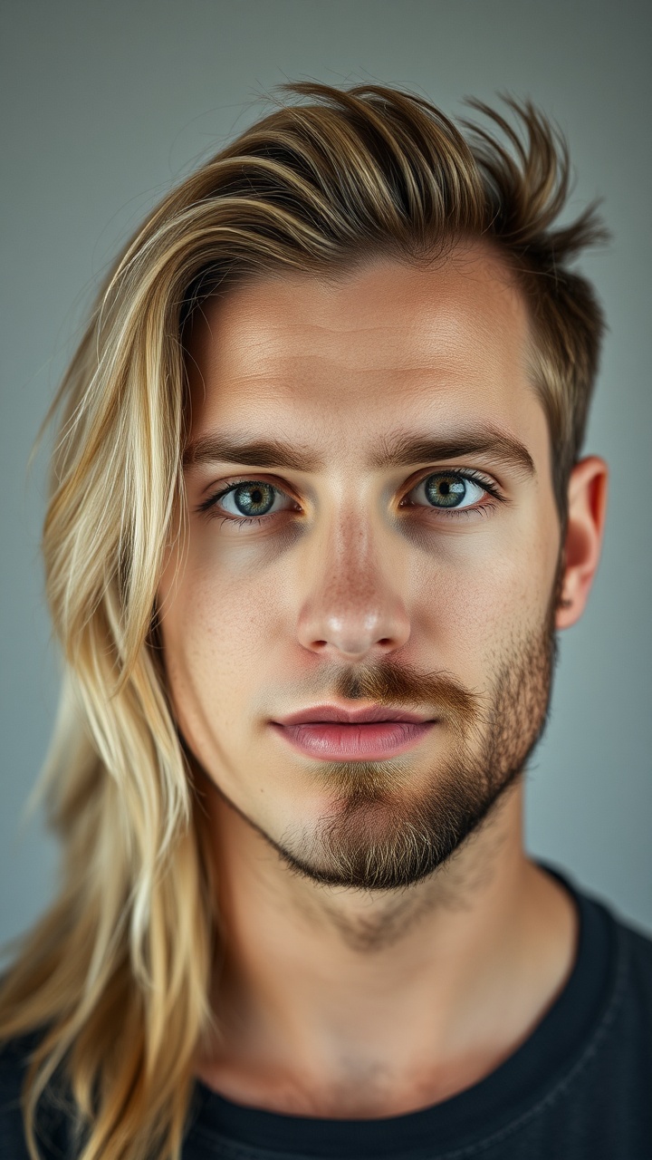 AI generated image by FLUX.1-schnell: A front facing portrait that is half male with brown facial hair on the right, half female with blond hair on the left