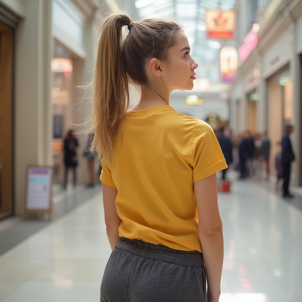 AI generated image by FLUX-Realism-Lora: Gorgeous 24 years old girl,at mall,Her light brownish-blond hair was arranged in a bouncy ponytail that advanced the pretty features of her gentle face. Her trim figure was clad in a basic gold colored T-shirt that displayed her ample bust and narrow waist along with dark gray sweats that highlighted her delicate round tush and lean thighs