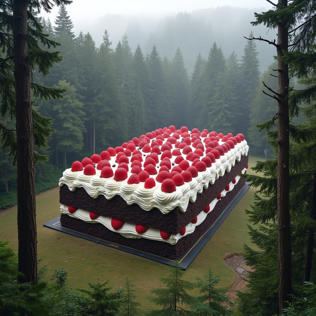 AI generated image by FLUX.1-pro: The world's largest black forest cake, the size of a building, surrounded by trees of the black forest