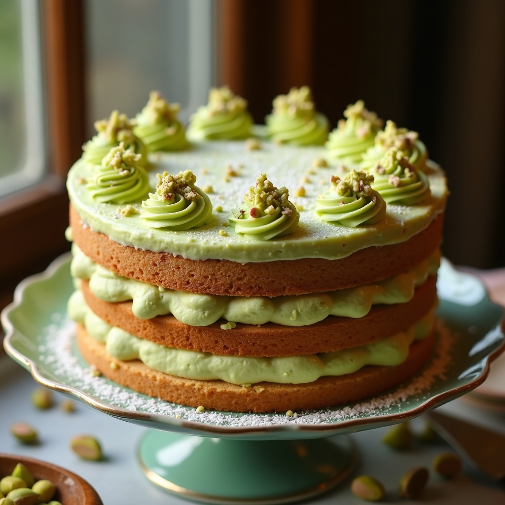 AI generated image by FLUX.1: Eye-level close-up of a fully assembled pistachio mousse cake on a vintage cake stand. The cake features multiple layers of moist sponge alternating with creamy, pale green pistachio mousse. The sides are smoothly frosted, topped with a generous layer of mousse and garnished with chopped pistachios and a light dusting of powdered sugar. Visible pieces of pistachio are embedded in the mousse for texture. The setting is warm and inviting, with natural light from a nearby window casting a soft glow. Style: creamy, cheesy texture emphasis, rich and indulgent dessert aesthetic, perfect for entertaining.

