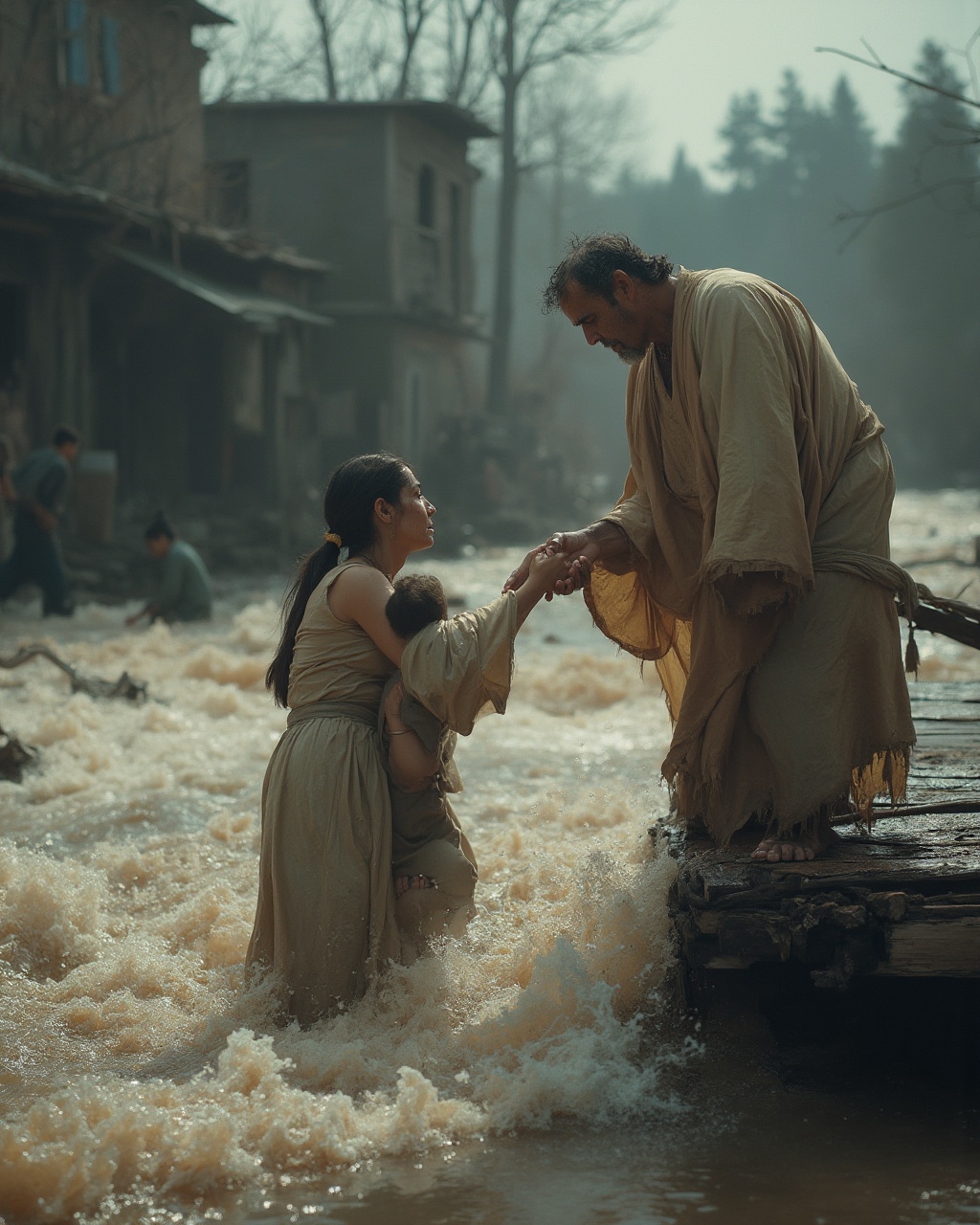 AI generated image by FLUX-Realism-Lora: In a powerful, emotionally charged scene, a turbulent river surges beneath a rustic wooden bridge, its muddy waters churning with urgency. A woman stands in the river, half-submerged and struggling against the force of the current, her face etched with desperation as she clutches a young child tightly to her chest. Her tear-streaked expression conveys a profound sense of fear and vulnerability. Opposite her, on the edge of the bridge, a robed figure extends a compassionate hand, leaning forward with a look of calm reassurance. This man’s flowing robes, in soft earth tones and illuminated by a gentle, golden glow, contrast the chaos of the scene, symbolizing hope and salvation amidst turmoil.

The camera captures the scene from a slight high angle, beginning with a close-up of the woman’s anguished face before smoothly pulling back to reveal the robed man’s comforting gesture, emphasizing the emotional connection between them. The camera movement is ultra-smooth, transitioning from an intimate focus on their clasped hands to a wider shot that frames the background of a devastated village, with dilapidated wooden houses partially submerged and trees bare and lifeless, creating a haunting backdrop. Shot with IMAX-level clarity, the textures are hyper-detailed, from the roughness of the bridge logs to the swirling eddies in the water, amplifying the scene’s extreme realism.

Atmosphere and Visual Aesthetics: The lighting is soft yet dramatic, casting a warm glow on the robed figure that contrasts sharply with the stormy, desaturated tones of the surroundings, imbuing the moment with a sense of divine intervention. The color palette leans into muted browns, grays, and sepia tones, with hints of warm highlights on the main figure, adding to the cinematic, photorealistic quality of the scene. The video closes with a lingering shot on the clasped hands, framed against the rushing water, capturing the essence of resilience and compassion in a moment of crisis. Award-winning cinematography techniques enhance the emotional weight, using vivid realism and hyper-detailed, ultra-high-definition visuals to fully immerse viewers in this intense, timeless narrative of hope amid adversity