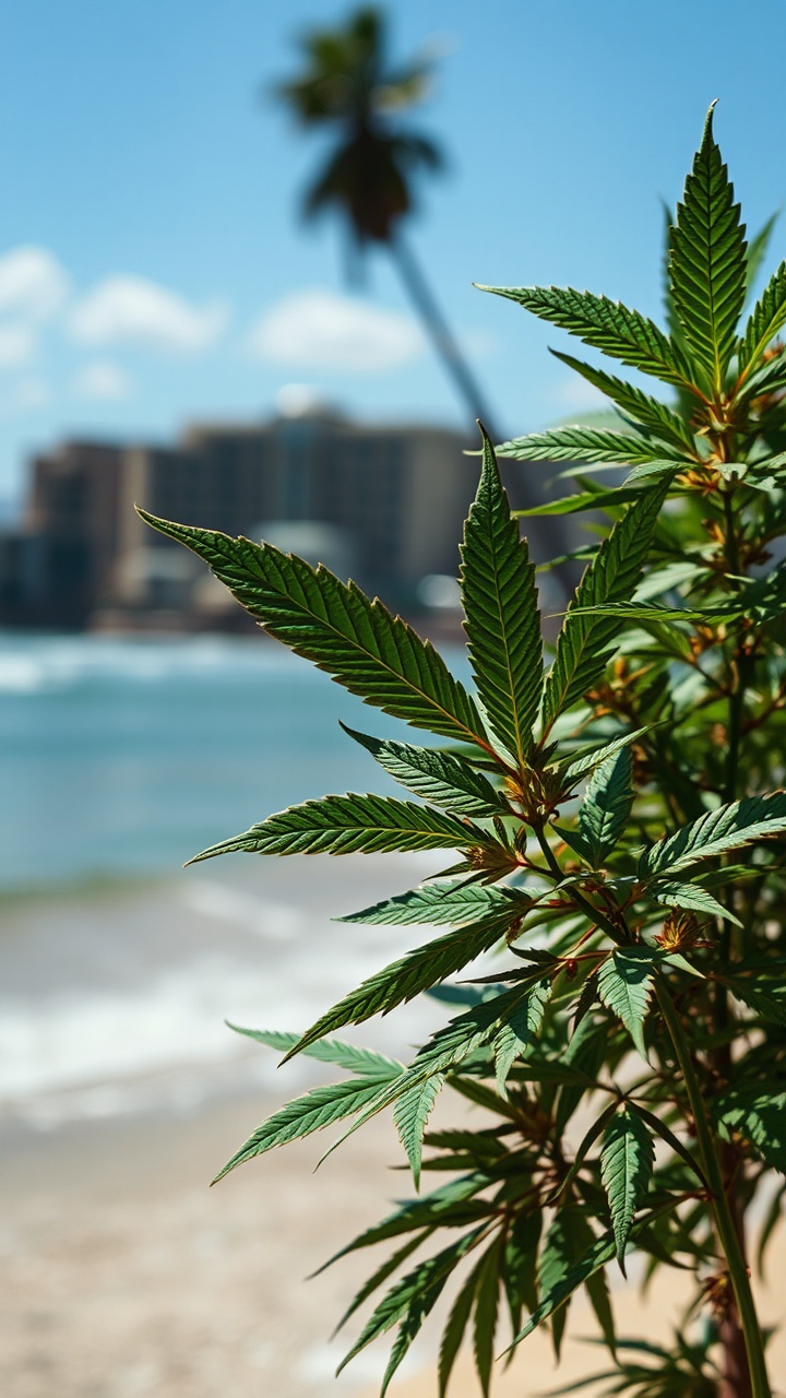 AI generated image by FLUX.1-schnell: Sunny beach with marihuana leafs, Chicano style, LA graffiti style