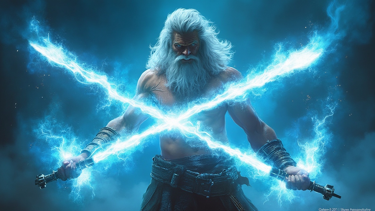 AI generated image by FLUX-Realism-Lora: Hyper-realistic full body shot of Zeus in battle stance, dual-wielding massive lightning bolts crossed in front of him, intense electric blue energy with white-hot cores forming an X, combat-ready muscular figure in dynamic pose, powerful man 45-50, battle-worn white-silver hair...