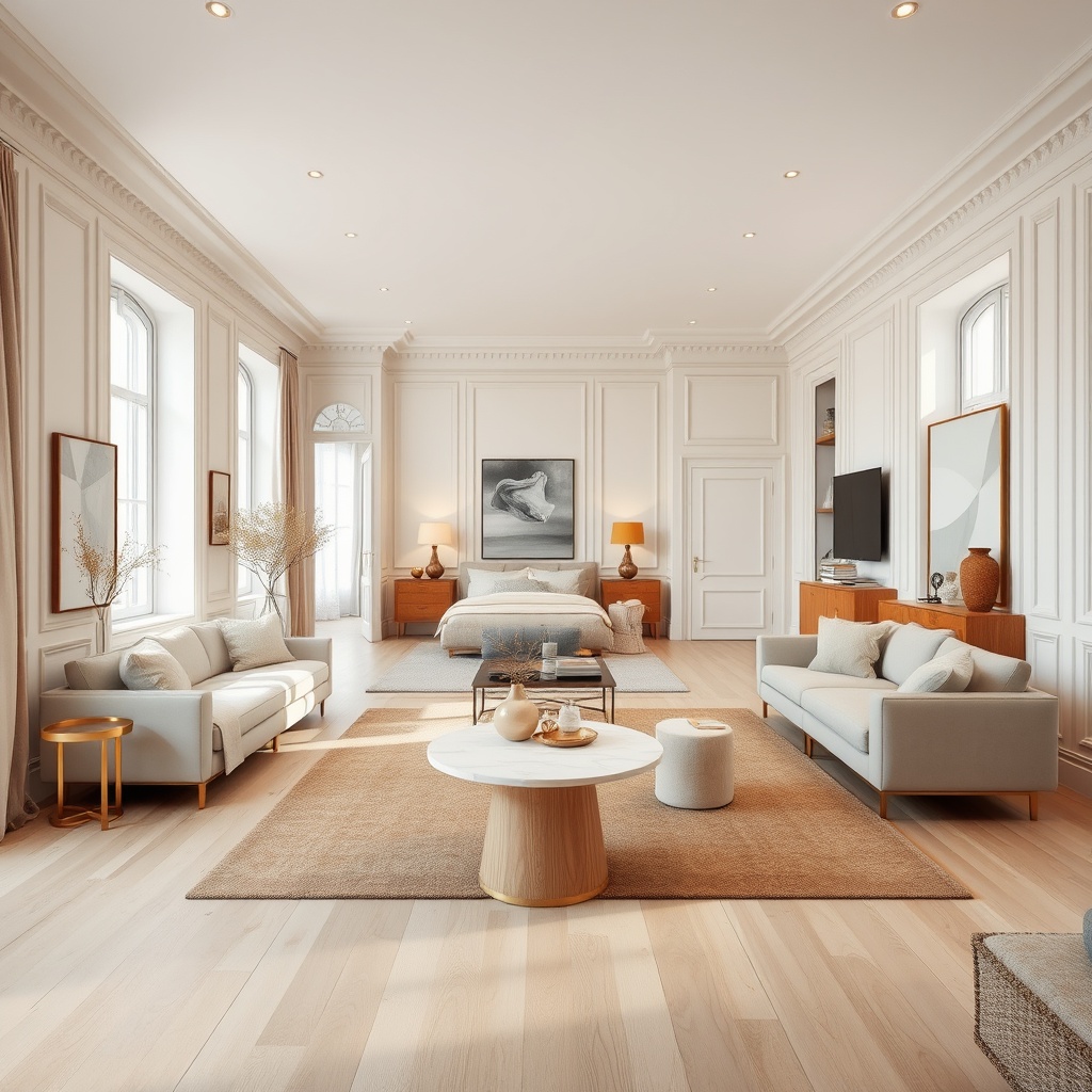 AI generated image by FLUX.1-schnell: Create a high-resolution, cinematic video walkthrough of a 4-bedroom apartment designed in a harmonious blend of Scandinavian Serenity and Modern Parisian styles. Highlight the open living and dining area with light oak flooring, clean white walls, soft beige furniture, and gold-accented decor. Showcase paneled walls with minimalist art, modern lighting fixtures, and large windows with sheer drapes. Walk through the master bedroom featuring soft neutral tones, a low-profile wooden bed, and elegant, understated Parisian furniture with light moldings. Transition into an eco-inspired kitchen with Scandinavian cabinetry, sleek marble countertops, and brass finishes. Conclude with the AV room featuring cozy Scandinavian-style furniture and warm lighting, blending functionality with Parisian elegance. Emphasize natural light, soft textures, and a soothing color palette throughout the walkthrough.
