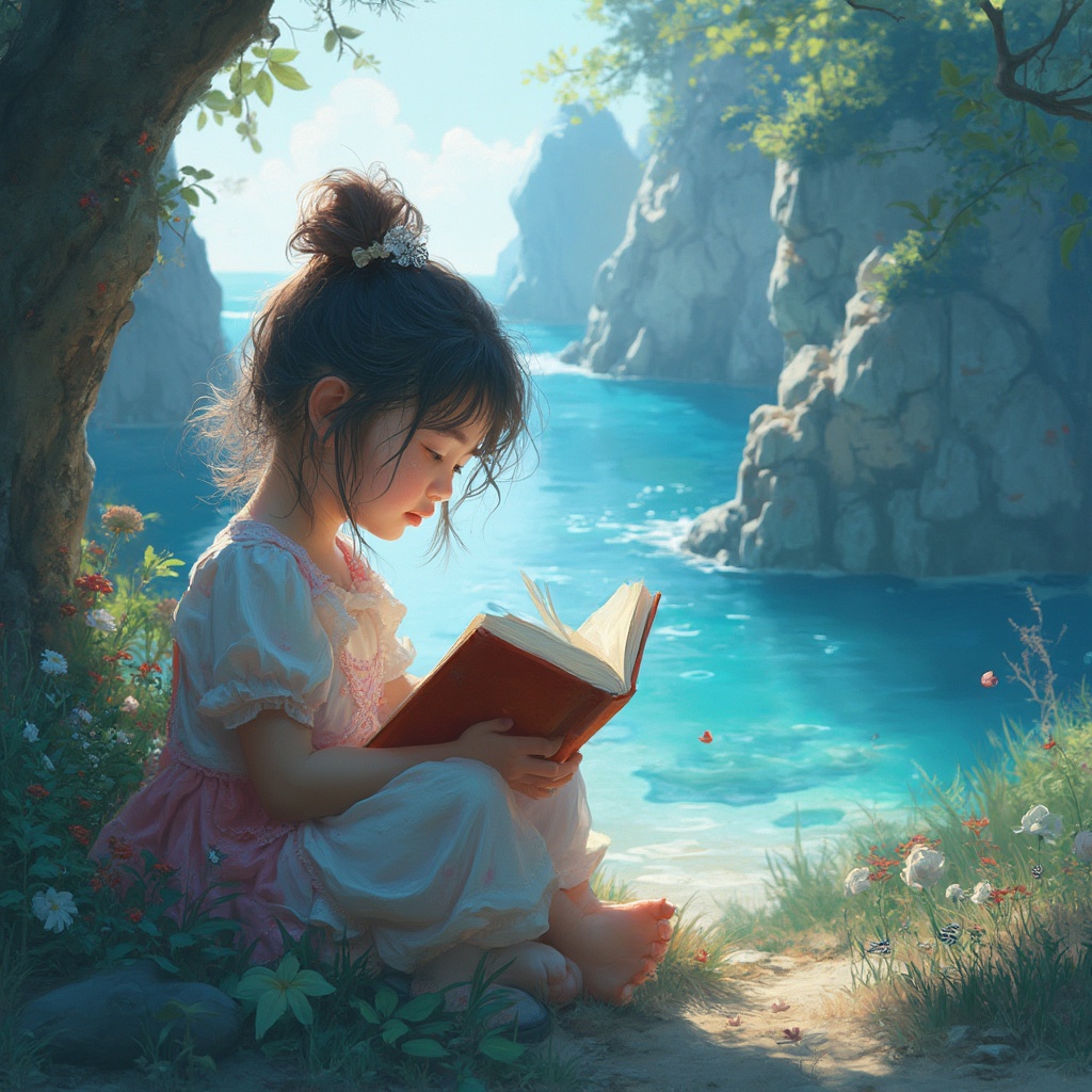 AI generated image by FLUX-Realism-Lora: Cute girl is reading a blu book near the blue see.