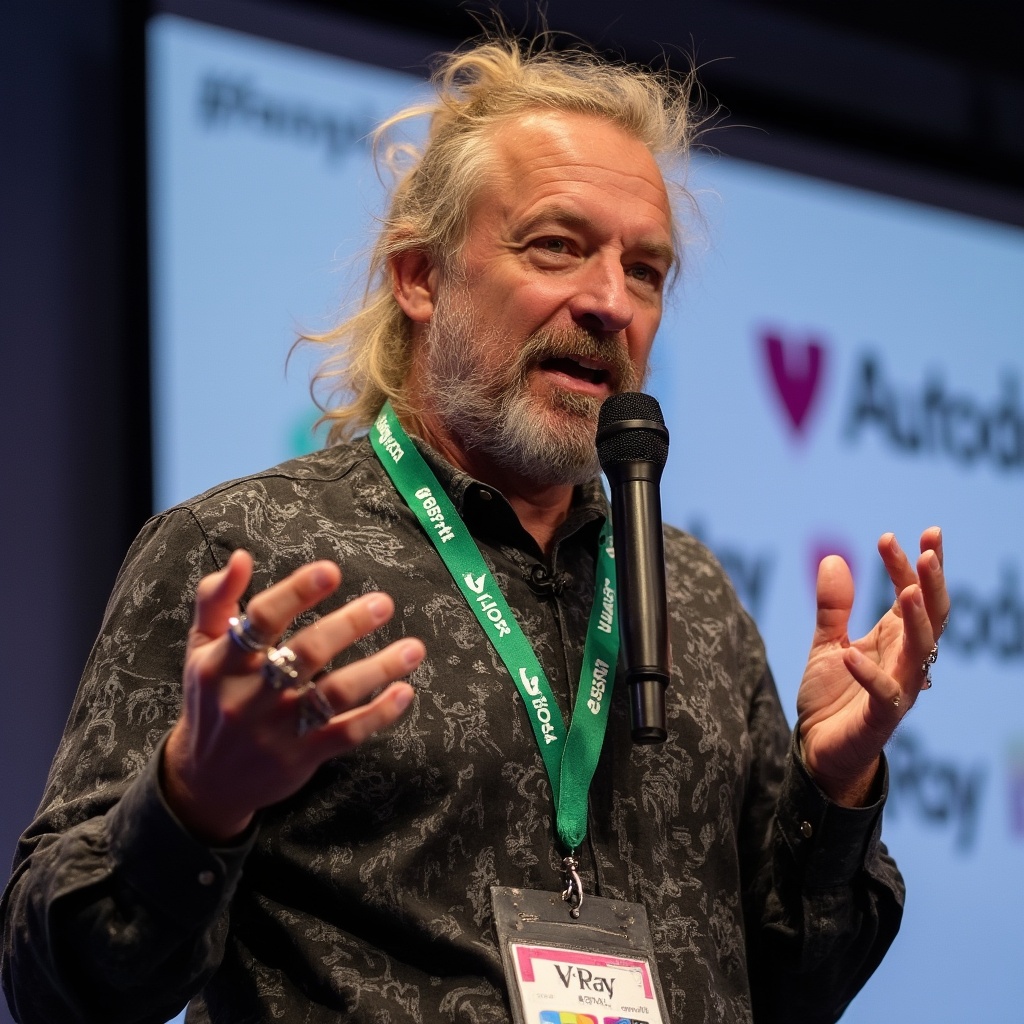 AI generated image by FLUX-Realism-Lora: A charismatic speaker is captured mid-speech. He has long, slightly wavy blonde hair tied back in a ponytail. His expressive face, adorned with a salt-and-pepper beard and mustache, is animated as he gestures with his left hand, displaying a large ring on his pinky finger. He is holding a black microphone in his right hand, speaking passionately. The man is wearing a dark, textured shirt with unique, slightly shimmering patterns, and a green lanyard with multiple badges and logos hanging around his neck. The lanyard features the "Autodesk" and "V-Ray" logos prominently. Behind him, there is a blurred background with a white banner containing logos and text, indicating a professional or conference setting. The overall scene is vibrant and dynamic, capturing the energy of a live presentation.
