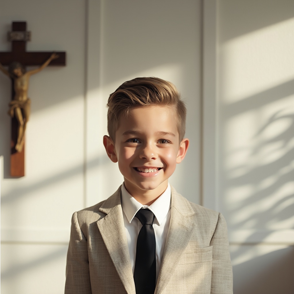 AI generated image by FLUX-Realism-Lora: The image features a carefully composed portrait of a young boy, set in a well-lit indoor setting. The overall atmosphere of the image conveys a sense of peace, light, and simplicity, with a strong appeal to naturalness and subtle spirituality. The frame is frontal, with the boy positioned slightly to the left of the center of the scene, creating an interesting balance with the elements in the background.

The boy
The focal point of the image is the young man, who appears to be between 10 and 14 years old. He has a wide, genuine smile, with white, well-aligned teeth, which contributes to the feeling of authentic joy. His skin is fair, with a slight tan, and there is a subtle glow caused by the soft, even studio lighting that highlights areas such as the forehead, nose, and cheekbones. The texture of the skin is extremely realistic, with pores and subtle imperfections that reinforce the natural character of the image.

His hair is light brown with golden undertones. It is neatly combed in a classic, clean style, with every strand in place, offering a more polished and composed look. The hairstyle has a natural sheen and shows volume and careful grooming, consistent with the overall refined appearance of the portrait.

The boy is wearing a luxurious fine linen suit, a white shirt, and a handsome black tie. The fabric falls gently over the shoulders and has small folds that contribute to the realism of the scene.

Background and environment
Behind the boy is a wall painted in a light tone, probably a very soft white, which helps reflect the ambient light and maintain a light atmosphere. This wall has a fine, subtle texture, especially visible in the areas where light and shadow meet. The shadows of the elements in the room form soft diagonal stripes on the wall, creating a geometric pattern that adds depth to the scene.

To the left of the boy is a wall crucifix hanging vertically. The crucifix is traditional, with the figure of Jesus Christ centered and with his arms outstretched. The cross is made of wood or a material that simulates dark wood, with gold details that refer to a classic Catholic style. The figure of Christ is golden and bright, standing out against the neutral wall. The shadow of the crucifix is cast to the right, reinforcing the direction of the light source.

This religious presence adds a symbolic layer to the image. It may suggest that the setting belongs to a family of Christian or Catholic faith, or that the boy is in a moment of reflection or spiritual peace. The image therefore conveys not only technical realism, but also a visual narrative with implicit meanings.

The space is intensely lit by artificial ambient light — bright, white, and evenly distributed — with no interference from sunlight. This controlled studio lighting ensures consistent and uniform shadows throughout the space, with smooth transitions and no sharp contrasts.

Composition and lighting
The composition is essentially symmetrical, but not rigid — balance is achieved through the clever positioning of the elements. The boy occupies the center, while the crucifix balances the left side. The neutral background helps to highlight the face and objects without generating visual noise.

The lighting is soft and even, coming from above and from the sides, provided by bright, white studio lighting. This creates well-defined but subtle shadows that add depth without distraction. The artificial light that hits the boy’s face is perfect for a portrait—soft enough not to cause excessive glare, but bright enough to reveal facial textures and volume.

Technical Realism
The image is highly realistic in every way: textures, lighting, proportions, and even subtle imperfections that contribute to the authenticity. The shadows and the way the light interacts with the skin, hair, and objects in the background demonstrate a level of detail that makes the image feel like a real photograph. The depth of field is slightly blurred in the background, which helps keep the boy’s face the center of attention. The edges of the elements in the background are soft, without artificial contours.

Emotional and symbolic interpretation
In addition to its visual appeal, the image carries a symbolic meaning: the boy's genuine smile, combined with the presence of the cross and the bright studio light that surrounds him, conveys an idea of purity, peace, and spirituality. It can be interpreted as a representation of innocence, faith, or even the harmony between childhood and belief. The atmosphere is welcoming and intimate, like a serene and reflective moment captured in time.

A confident boy with a kind smile, looking directly at the camera, talking casually. Realistic skin texture with visible pores and freckles. Slight skin imperfections. Hair neatly combed with natural highlights and realistic shadows. Soft, bright studio lighting illuminating the face evenly, with subtle shadows and no harsh contrasts. Background slightly blurred, showing a textured wall and a golden cross with slight wear. Captured with a Sony A7 IV and 35mm f/1.8 lens. Shallow depth of field, photorealistic, soft focus, documentary-style, candid atmosphere. --style raw --profile