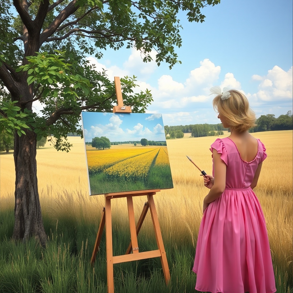 AI generated image by FLUX.1-schnell: A scene where a woman in a pink dress is painting a field scene on canvas under a tree.