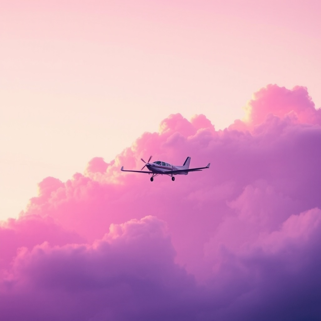 AI generated image by FLUX.1-schnell: a small plane in a purple sky with clouds
