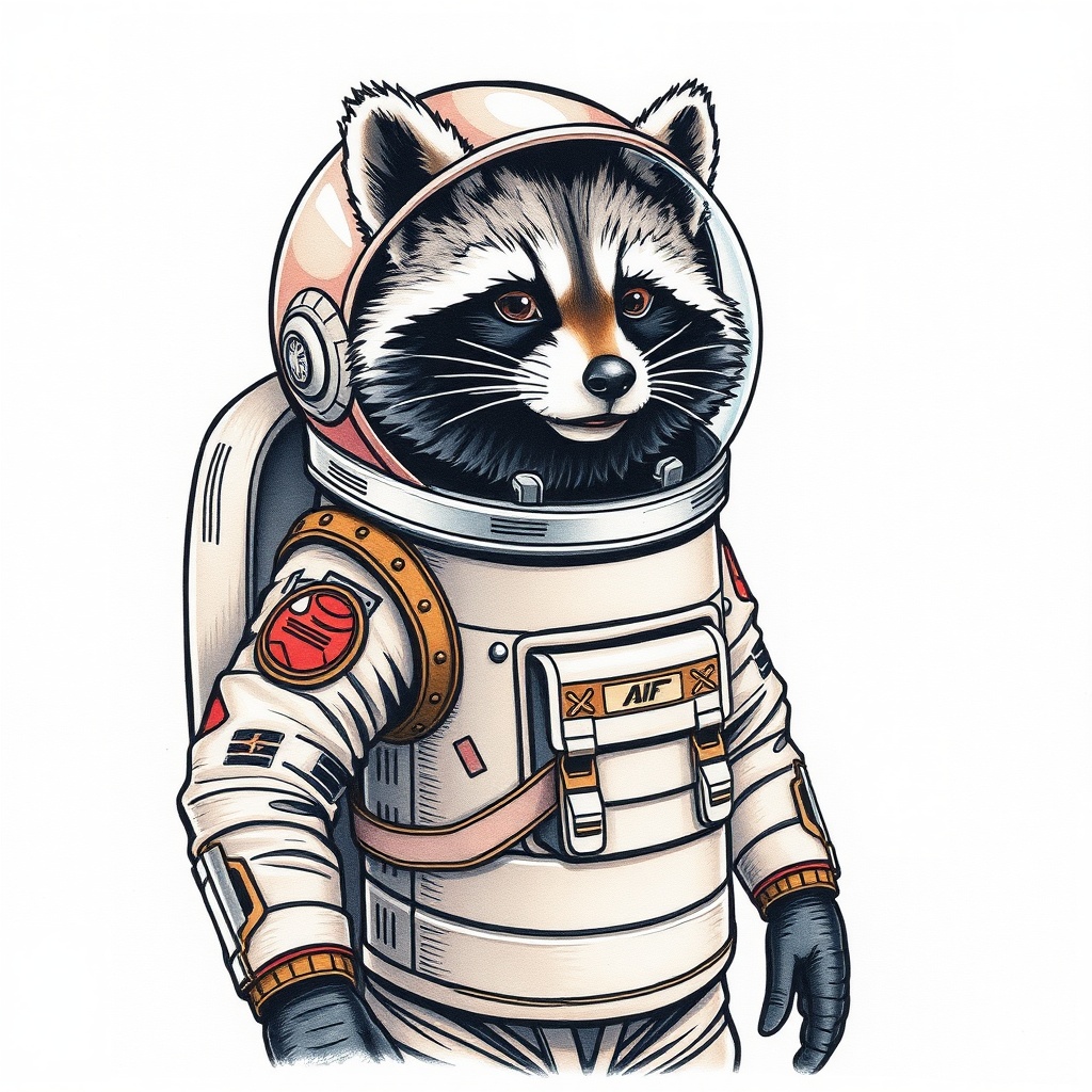 AI generated image by FLUX.1-schnell: Raccoon astronaut, wearing a trashcan as a spacesuit, tattoo style