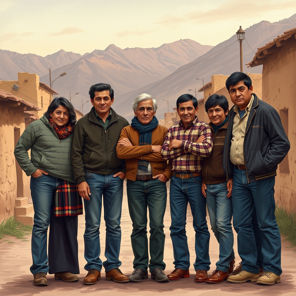 AI generated image by FLUX.1-schnell: Una ilustración realista y detallada de nueve hermanos adultos, con un promedio de 30 años, de Huancavelica, Perú, ambientada en la década de 1970. El grupo debe estar exclusivamente compuesto por 2 mujeres y 7 hombres. Los hermanos están juntos al aire libre, en un pequeño pueblo andino con casas de adobe, calles adoquinadas y montañas en la distancia, transmitiendo un sentido de unidad familiar y herencia cultural. La iluminación evoca una tarde cálida con sombras suaves, realzando la atmósfera nostálgica de los años 70. debe ser exhaustivamente 2 mujeres y 7 varones.