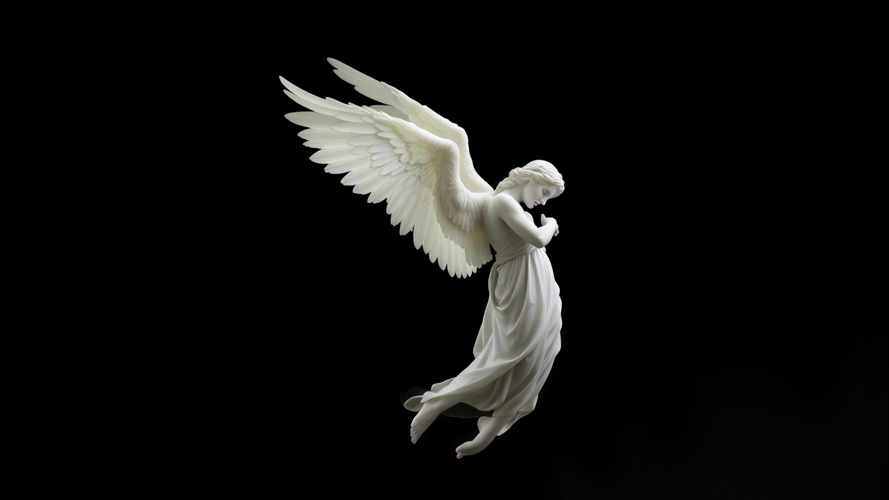 AI generated image by FLUX.1-schnell: a angel on black background... mystical, etheral, heavenly, whole angel is in the image , nothing is out of frame... the angel is oriented sideways and looks down