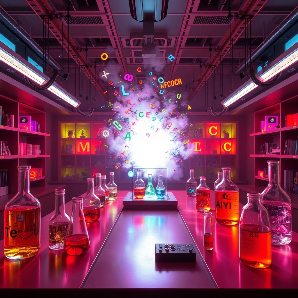 AI generated image by FLUX.1-schnell: Un laboratorio futurista y mágico donde la ciencia y la creatividad se entrelazan. Mesas repletas de elementos abstractos que representan los componentes de un idioma: frascos translúcidos llenos de letras flotantes, tubos de ensayo con colores vivos que simbolizan sonidos, y pizarras holográficas mostrando complejas ecuaciones gramaticales y diagramas sintácticos. Al centro del laboratorio, un dispositivo fascinante similar a un reactor creativo: un núcleo brillante que combina estas 'sustancias lingüísticas', generando un idioma nuevo que emerge en forma de un haz de luz multicolor, palabras en lenguas ficticias flotando etéreamente en el aire y símbolos danzando como si cobraran vida. Todo el ambiente está bañado por una luz tenue, con tonos azules y dorados que evocan misterio y descubrimiento. Detalles adicionales como libros flotando mágicamente, papeles con notas manuscritas dispersas, y un fondo con estanterías llenas de herramientas lingüísticas y artefactos históricos completan la atmósfera. El enfoque debe transmitir la creación de algo nuevo, complejo y hermoso: el nacimiento de un idioma.