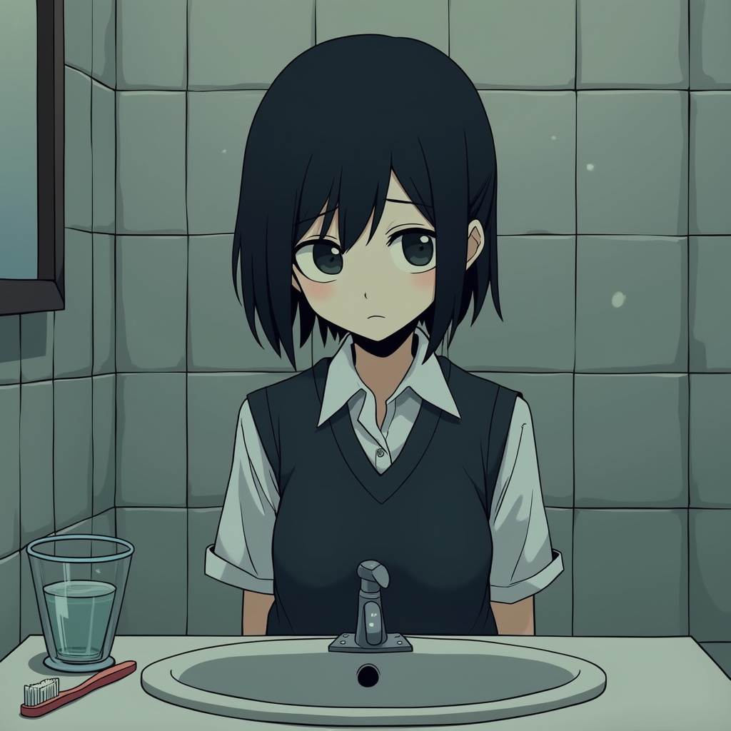 AI generated image by FLUX.1-pro: Omocat's omori game artstyle, The image depicts a young person standing behind a bathroom sink, their expression somber. Their dark hair is neatly styled, and they are dressed in a white shirt with a dark vest. The tiled walls behind them are plain and featureless, creating a sense of isolation. The only other elements in the scene are a toothbrush and a glass on the counter, suggesting a routine that the individual may find difficult to engage in. The overall mood of the image is melancholic, hinting at a sense of loneliness or sadness. The subdued colors and minimalist composition further contribute to the somber atmosphere.  The image leaves room for interpretation, inviting viewers to consider the inner thoughts and feelings of the subject.style: dark fantasy