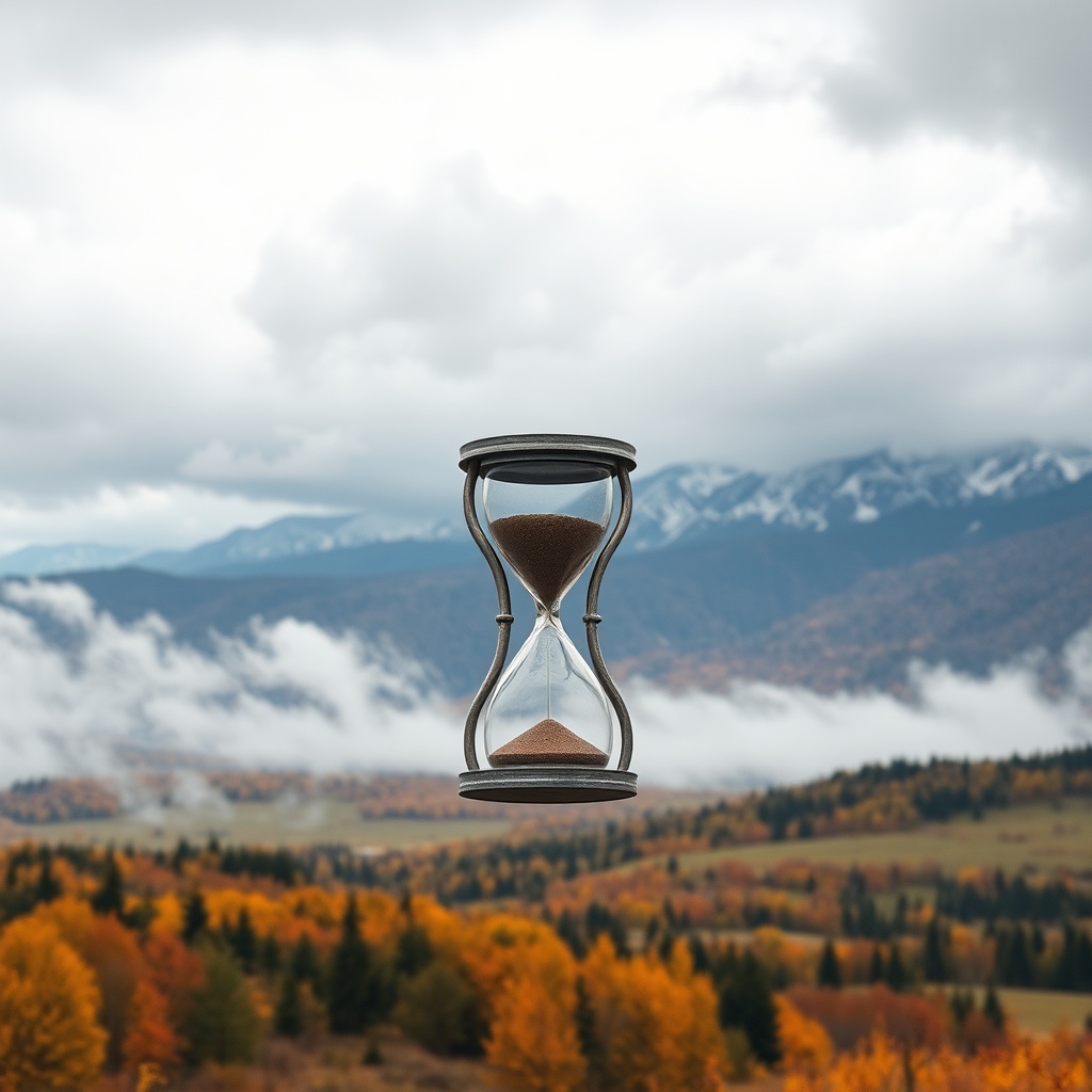 AI generated image by FLUX.1-schnell: A white stormy sky overlooking autumn fields with fantasy mountains in the background with metal hourglass symbol in foreground 