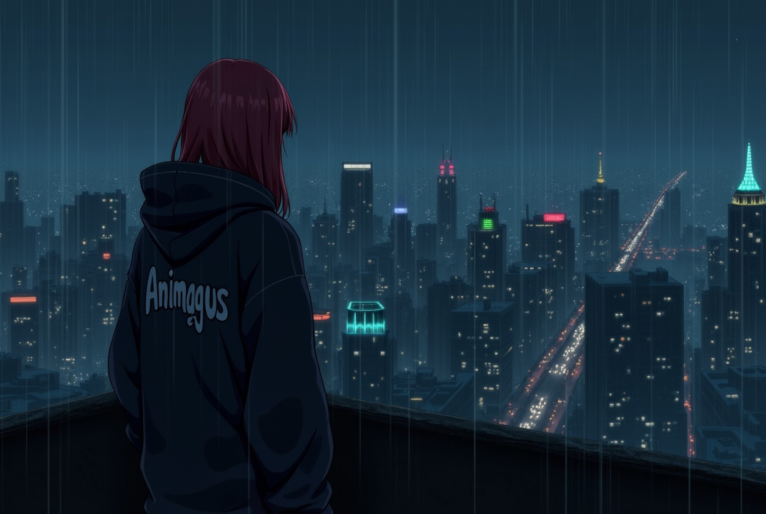 AI generated image by FLUX.1: PromptGen
Custom Gem
No problem, here's a shorter variation of the previous prompt:

A gloomy anime girl with long, red hair, her face partially hidden by an oversized dark hoodie with a faded 'Animagus' print on the back. She's standing on a rooftop overlooking a vast, rain-slicked night city, its neon lights reflecting dimly below. The mood is atmospheric and melancholic. Art style: dark anime with strong shadows and realistic lighting.