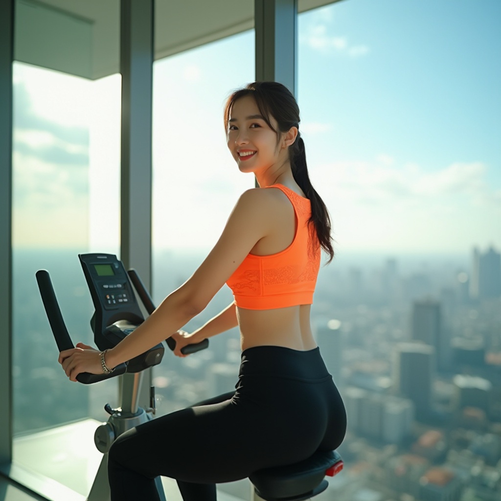 AI generated image by FLUX-Realism-Lora: Ultra-realistic photograph of a beautiful young Korean woman, mid-20s, resembling a K-pop idol, wearing an orange cropped tank top and tight black leggings, sitting on an indoor exercise bike in a luxury high-rise apartment with floor-to-ceiling glass windows. She has a tall, slim build (172 cm), with her hair in a ponytail, and is slightly turned back, smiling at the camera. The bright, sunny morning light floods the room from behind, creating a warm ambiance. Shot from 4 meters behind and slightly below her, capturing a 45-degree angle. Outside the window, clear blue skies show from the 40th-floor view, giving a sense of height and openness