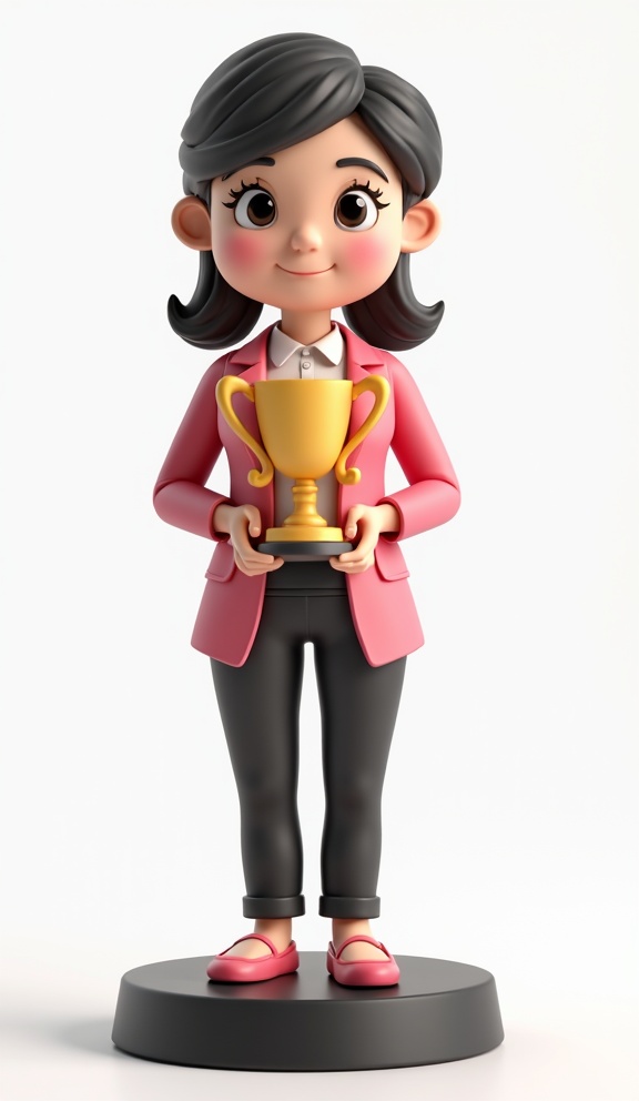 AI generated image by FLUX.1-image-to-image: 3D clay character of a businesswoman with a trophy in the hands, with long trousers, flat shoes and pink blazer front view