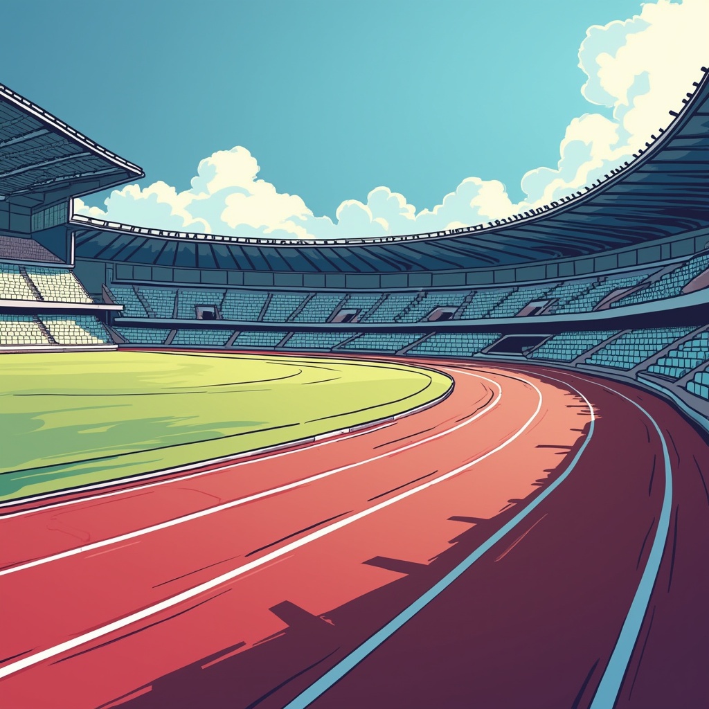 AI generated image by FLUX.1-pro: side view, empty Running track at the Olympics, comic art
