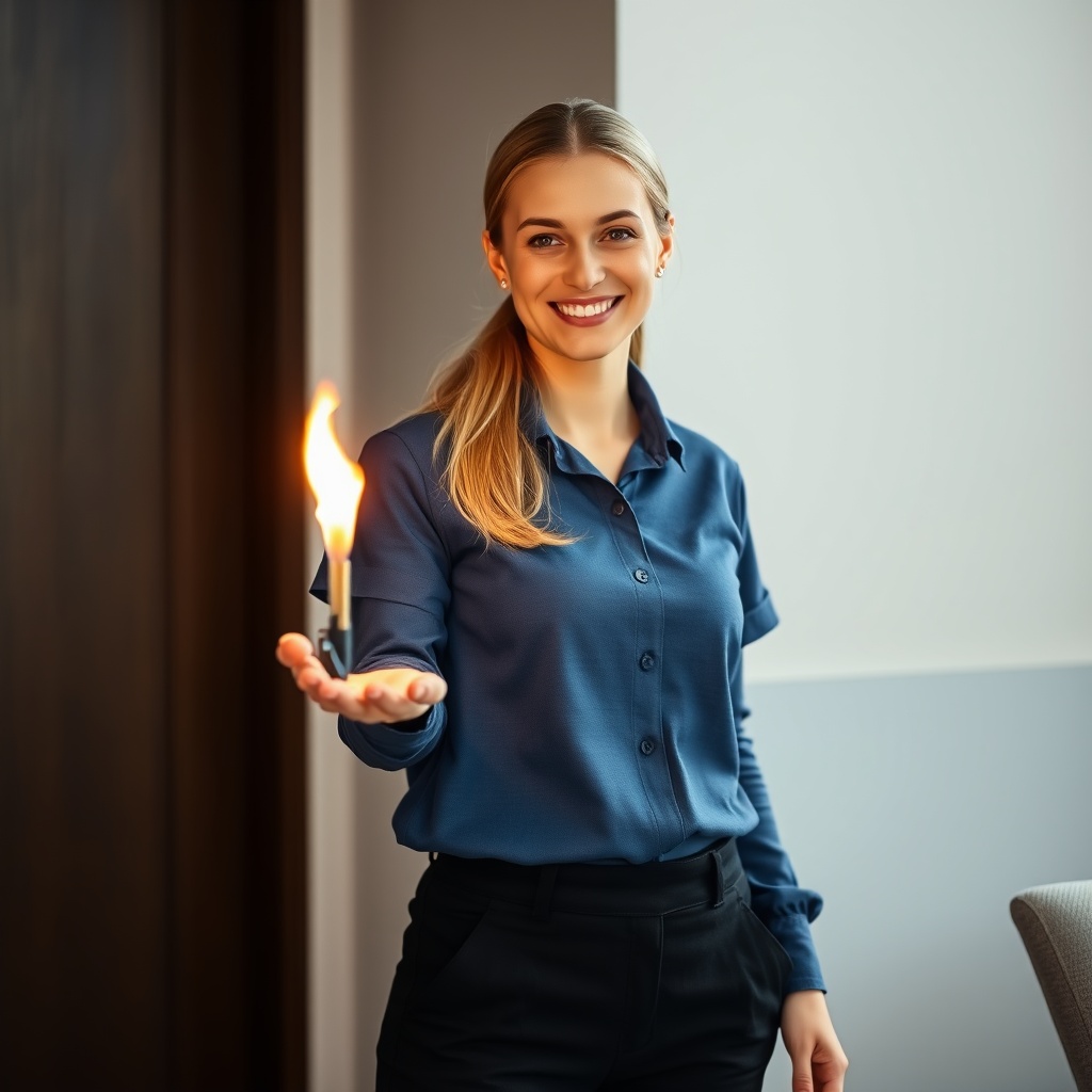 AI generated image by FLUX.1-schnell: A female housekeeper in her black work pants and blue work shirt, smiling while she holds an open flame in her left hand. The flame is coming from her palm.