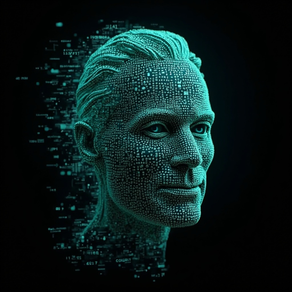 AI generated image by FLUX-Realism-Lora: Richard Feynman's face as a digital mask made from thousands of bright turquoise numbers and formulas forming his face. He has a clean haircut with side parting a big forehead and a slight smirk on his face. he is 40 years old. The formulas and numbers fly behind the mask leaving a trail of complexity. The mask is floating dynamically in mid air. His head is turned to the right but his eyes are looking directly into the camera. The mask is on a black background. Like a png with black only background. Photo realistic, sci-fy