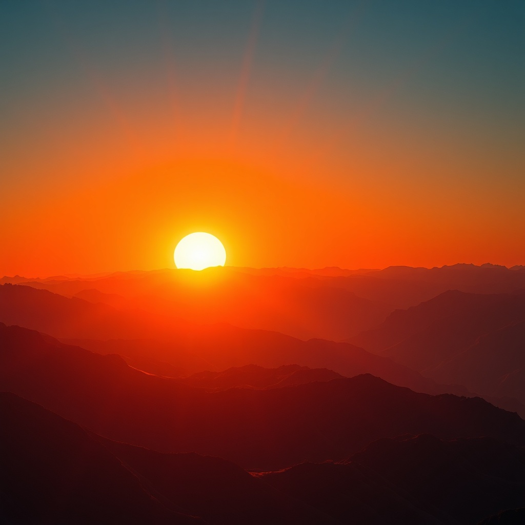 AI generated image by FLUX.1-schnell: At the break of dawn, capture the moment when the sun gradually ascends, its intense orange - red rays resembling golden filaments that illuminate the deep - blue sky. In the far distance, a series of undulating and overlapping mountains come into view. Their ridges, meticulously carved, are rimmed with gold by the newly - risen sun. Render this scene in an ancient - style, with ultra - high - definition, rich in details. Employ atmospheric perspective to convey a strong sense of space. --ar 16:9