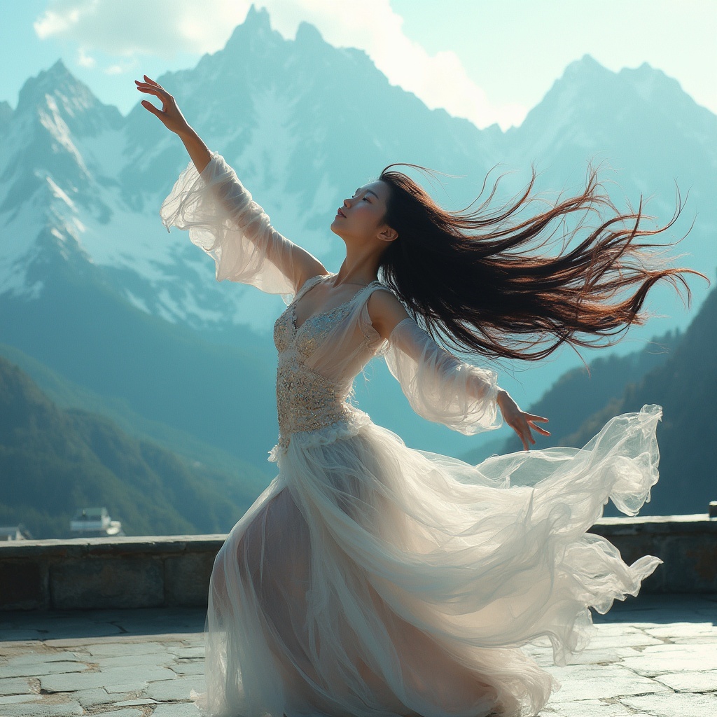 AI generated image by FLUX-Realism-Lora: A captivating Chinese modern dancer, on a rooftop, with snow-capped mountains in the background, long flowing hair, graceful movements, ethereal lighting, dynamic pose, vibrant colors, highly detailed, dramatic atmosphere, expressive, windswept hair, serene yet powerful, wide angle, cinematic view, art photography