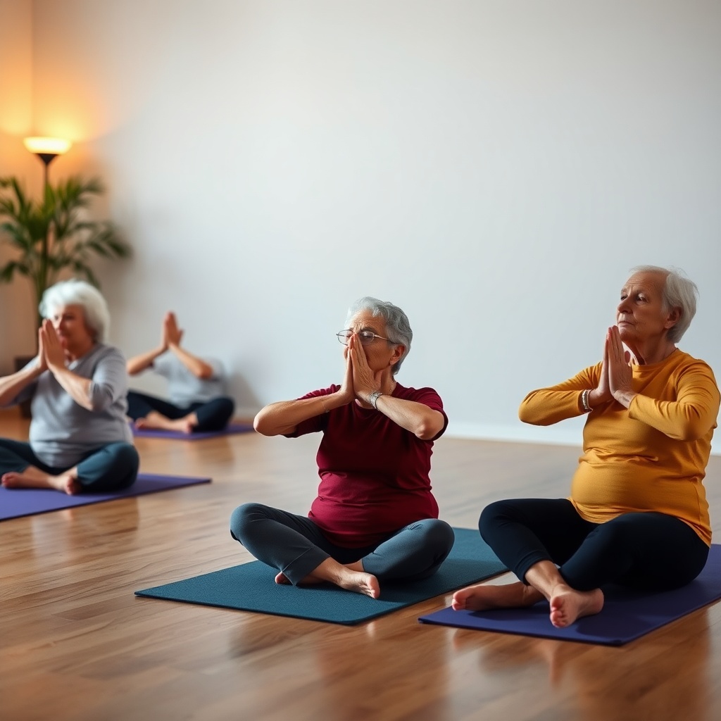 AI generated image by FLUX.1-schnell: A group of five old disabled  person having a yoga session 