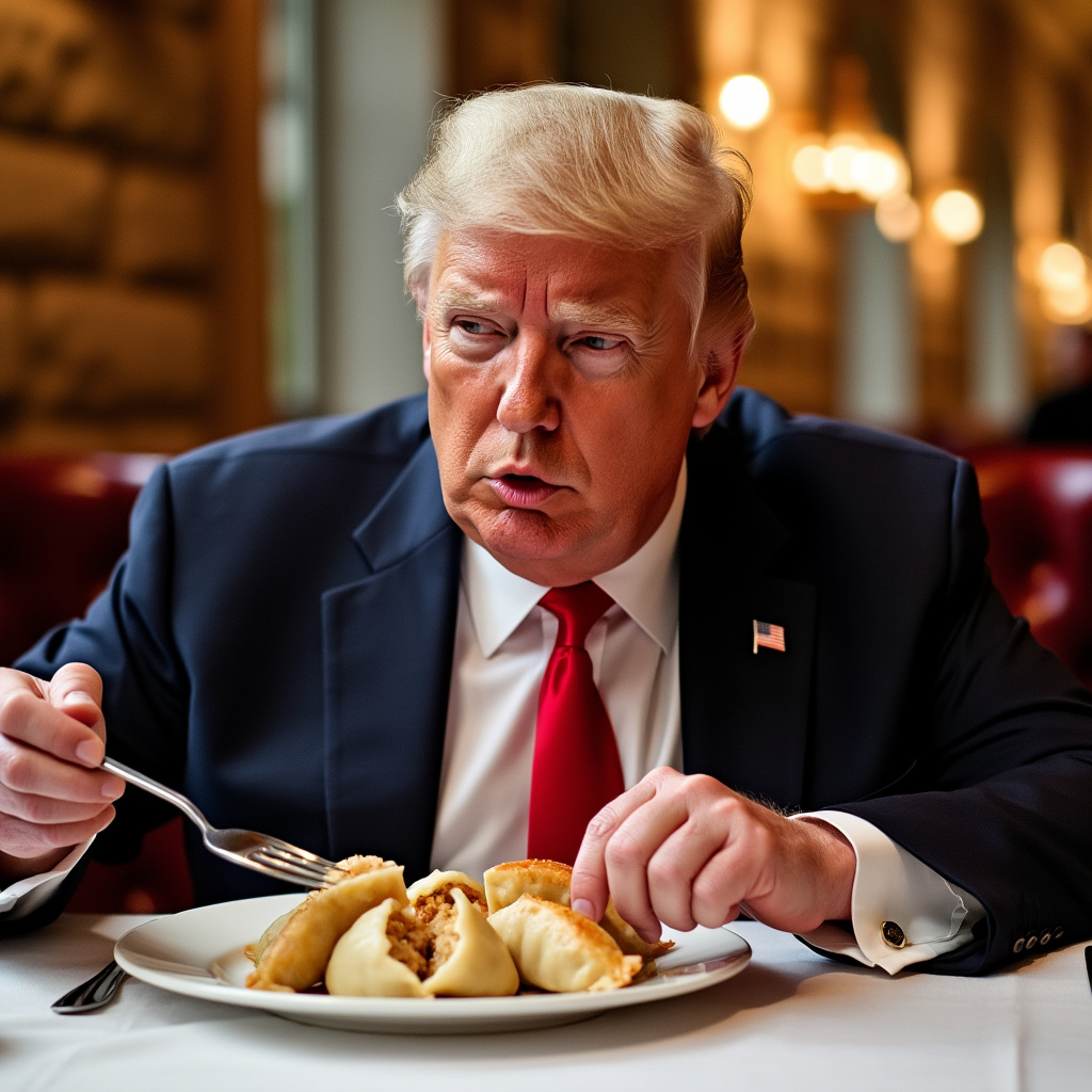 AI generated image by FLUX.1-pro: Donald Trump in Wawel Cracow eating pierogi