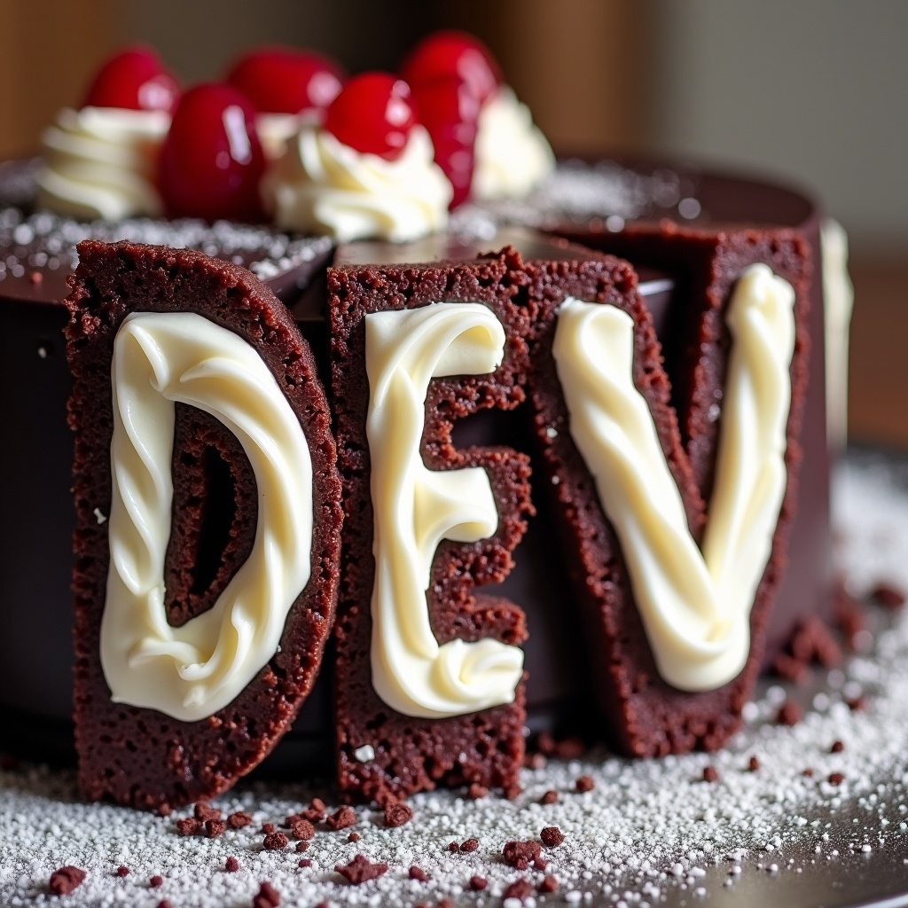 AI generated image by FLUX.1-image-to-image: black forest gateau cake spelling out the words "FLUX DEV", tasty, food photography, dynamic shot