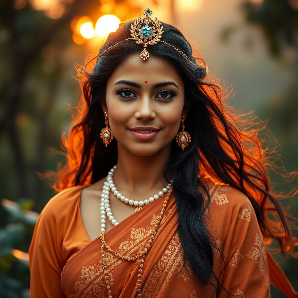 AI generated image by FLUX.1-schnell: Imagine Maa Brahmcharini, a serene and radiant woman, standing in a lush, natural environment with a faint, warm sunset glow. Her skin tone is a soft, golden brown, with a subtle, healthy sheen. Her facial features are delicate yet strong, with high cheekbones, a slender nose, and full, pink lips that curve into a gentle, enigmatic smile. Her eyes, pools of deep, shimmering blue, sparkle with wisdom, compassion, and inner strength. She wears a flowing, saffron-hued sari, intricately patterned with golden thread and adorned with precious gemstones, its folds billowing around her like a cloud. A delicate strand of pearls adorns her neck, and a golden diadem rests upon her forehead, its centerpiece a glittering, star-shaped jewel that shines like a beacon of guidance. Her hair flows like a river of night, its dark, luscious strands cascading down her back, with a few stray locks framing her face. She stands in a tranquil setting, surrounded by lush greenery, with a few flowers blooming at her feet, exuding an aura of gentle, ethereal beauty. as a goddess in white dress