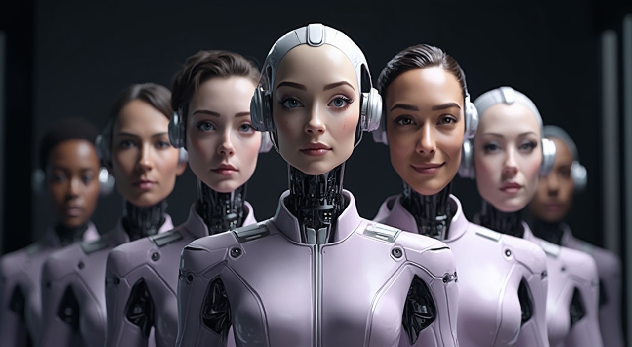 AI generated image by FLUX-Realism-Lora: A photorealistic image of a professional team of humanoid robots with human heads, designed for a futuristic and approachable “Contact Us” section of a website. Each humanoid has a unique human head, ensuring diversity with men and women of different ages and ethnicities. The faces are highly detailed, with natural skin textures, expressive eyes, and visible hair that seamlessly integrates with their robotic forms. Make sure that man is on the front line 

They are standing in a group formation, positioned slightly behind each other, creating a professional and dynamic team structure. Their android bodies have a sleek, modern design, with smooth metallic plating and subtle technological elements.

The team members are dressed in elegant, lightly purple uniforms, blending futuristic fashion with professionalism. The uniforms have subtle metallic accents, high-tech seams, and an ergonomic fit, symbolizing trust, innovation, and assistance.

The background is dark and modern, with a clean, minimalistic aesthetic and soft lighting. It may include elements like a futuristic office, digital holograms, or a clean white tech-space, ensuring the team looks inviting, high-tech, and ready to assist.

The composition conveys warmth, intelligence, and professionalism, making the team feel both highly advanced and approachable. Each humanoid team member has a unique expression, looking directly at the viewer as if they are ready to help. The image should be ultra-realistic, with sharp details, lifelike facial textures, and high-tech aesthetics, ensuring a premium and futuristic corporate identity